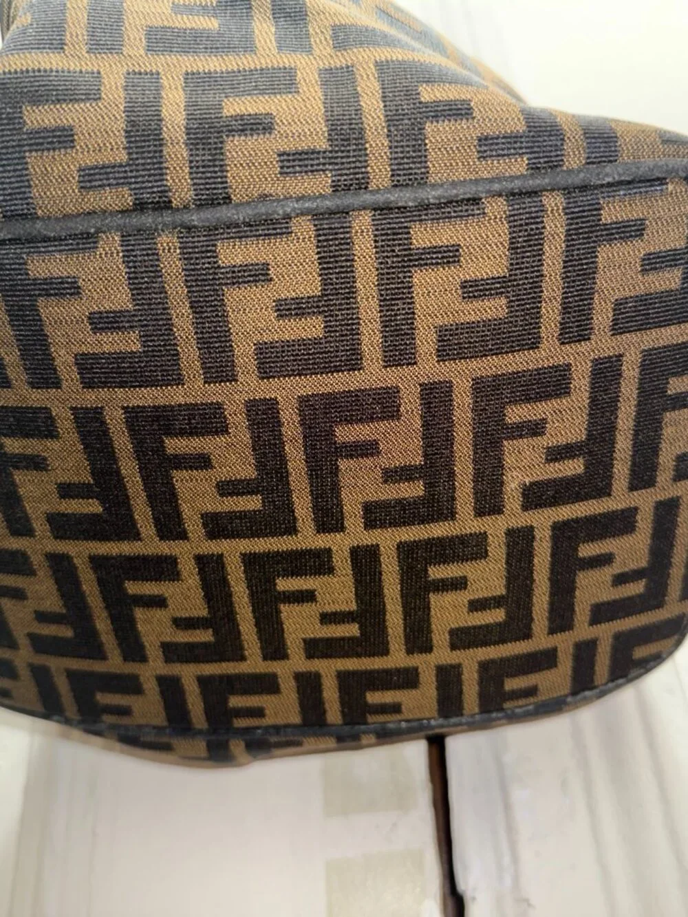Authentic FENDI Zucca Canvas Top Handle Arm Vanity Bag Black Brown